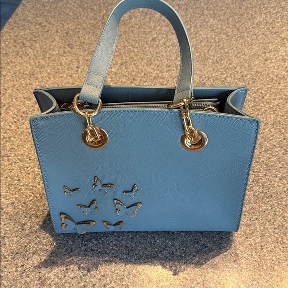 Handbags - Elegant Blue Handbag with Gold Accents